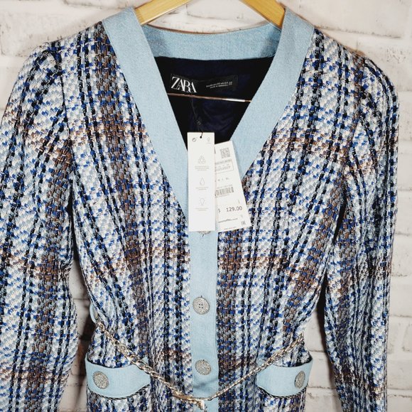 zara textured weave coat silver belt blue long sleeve mini dress size XS 8814 16 - Picture 3 of 7